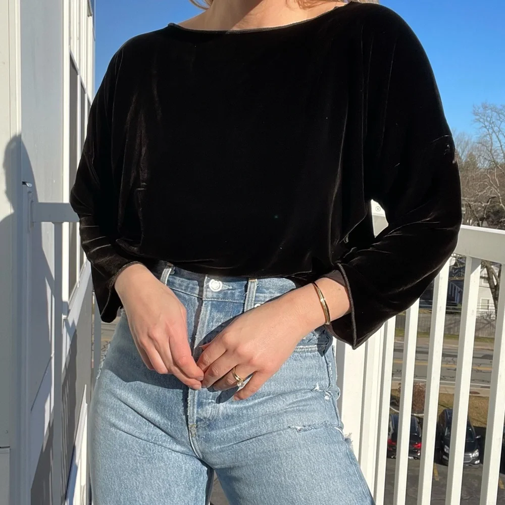 Zoran Velvet Top Vintage Silk Chocolate Brown Dolman Sleeve Boatneck Blouse - Picture 8 of 9